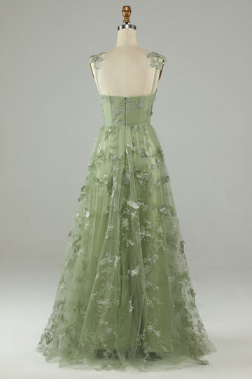 Green Corset Long Tulle Ball Dress with 3D Butterflies